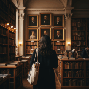 A woman from behind with dark wavy hair below shoulders, curvy figure, wearing all black outfit, carrying a bag with books peeking out, standing in an elegant old bookstore or art gallery looking at portraits of famous writers on the walls, warm golden lighting, vintage wooden bookshelves filled with old books, classical architecture, peaceful and contemplative atmosphere, she's taking her time exploring alone, artistic and literary ambiance, soft focus on background, photography style, intimate and inspiring mood --ar 16:9