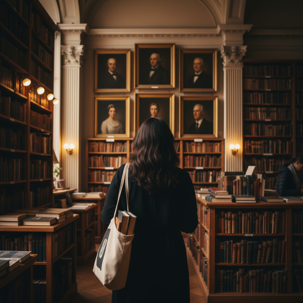 A woman from behind with dark wavy hair below shoulders, curvy figure, wearing all black outfit, carrying a bag with books peeking out, standing in an elegant old bookstore or art gallery looking at portraits of famous writers on the walls, warm golden lighting, vintage wooden bookshelves filled with old books, classical architecture, peaceful and contemplative atmosphere, she's taking her time exploring alone, artistic and literary ambiance, soft focus on background, photography style, intimate and inspiring mood --ar 16:9