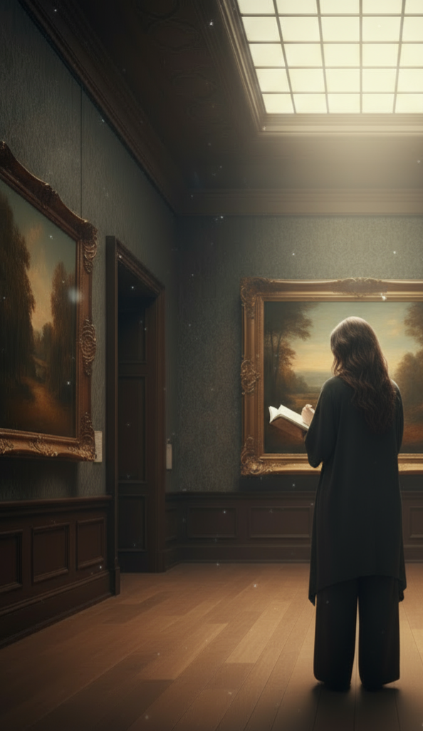 Chica en galería de arte, ensimismada en la obra que tiene delante. La chica está tomando notas en un cuaderno, y aunque no podemos verle la cara, está claro que éste es un momento sólo para ella.